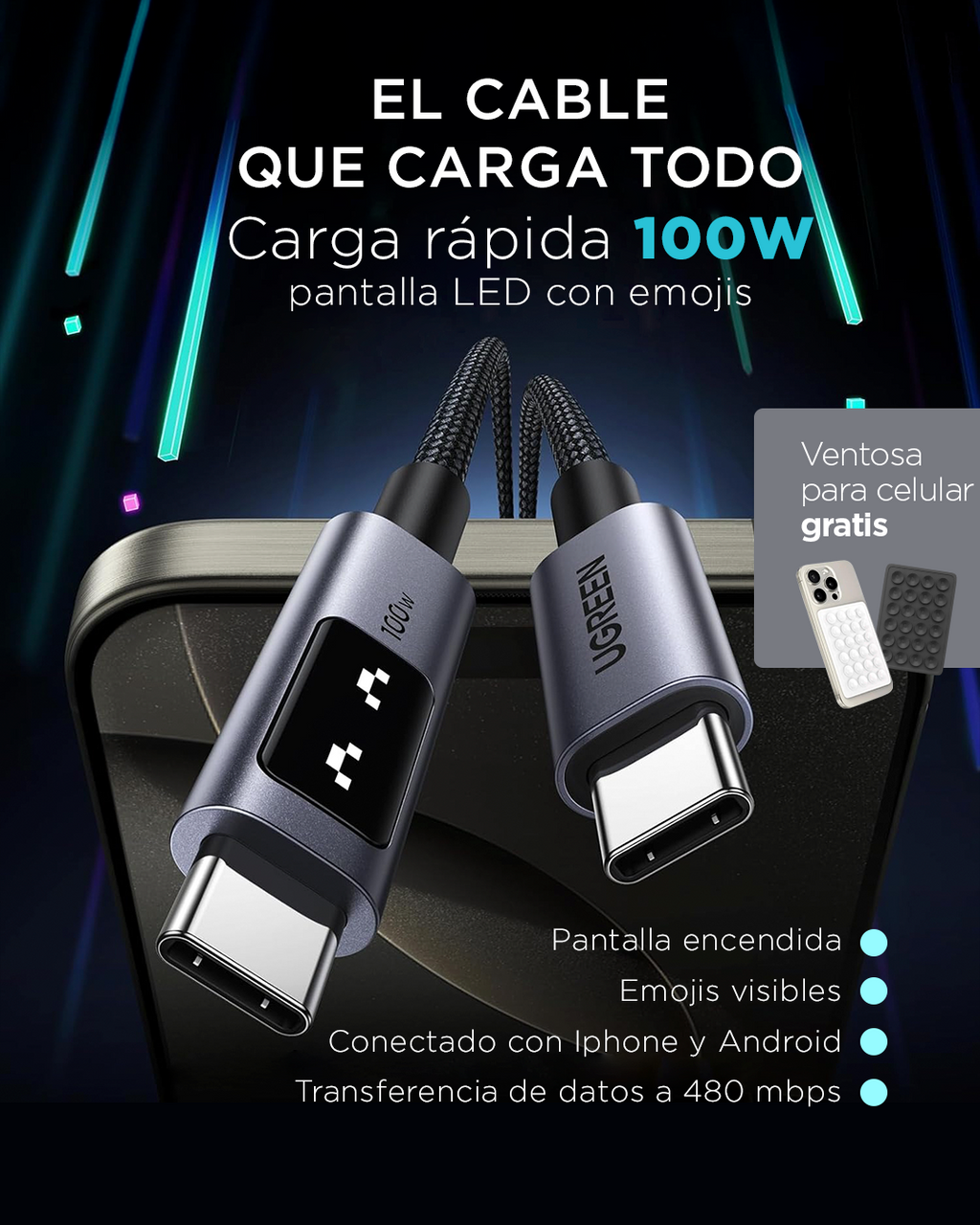 CABLE DE 100W PARA IPHONE Y ANDROID TIPO C UGREEN