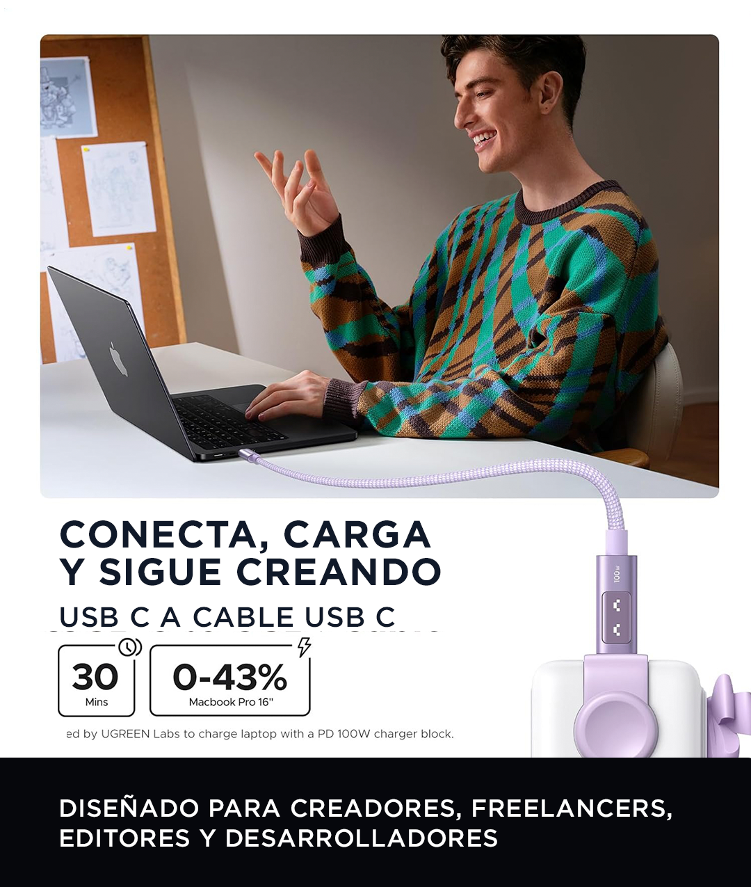 CABLE DE 100W PARA IPHONE Y ANDROID TIPO C UGREEN